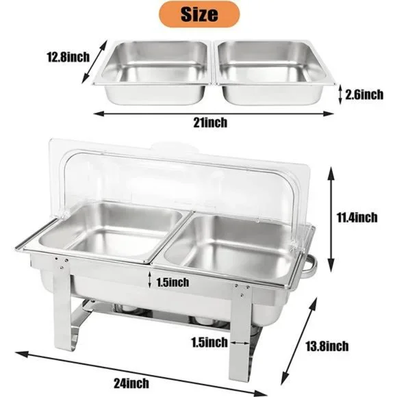 Roll Top Chafing Dish Chafers Stainless Steel Buffet Warmer Set, Rectangular
